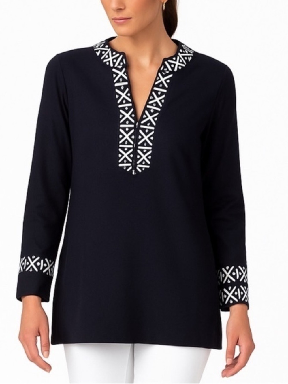 Tory Burch Ariana navy tunic embroidered trim long sleeve Size 2